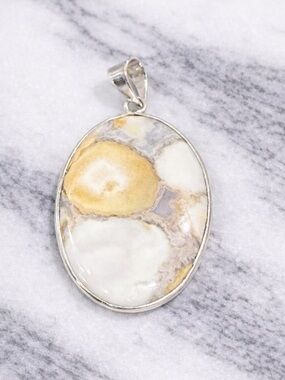Cobra Jasper Pendant Neutral Cream Tan Stone Silver Tone Plated Oval Natural Gem
